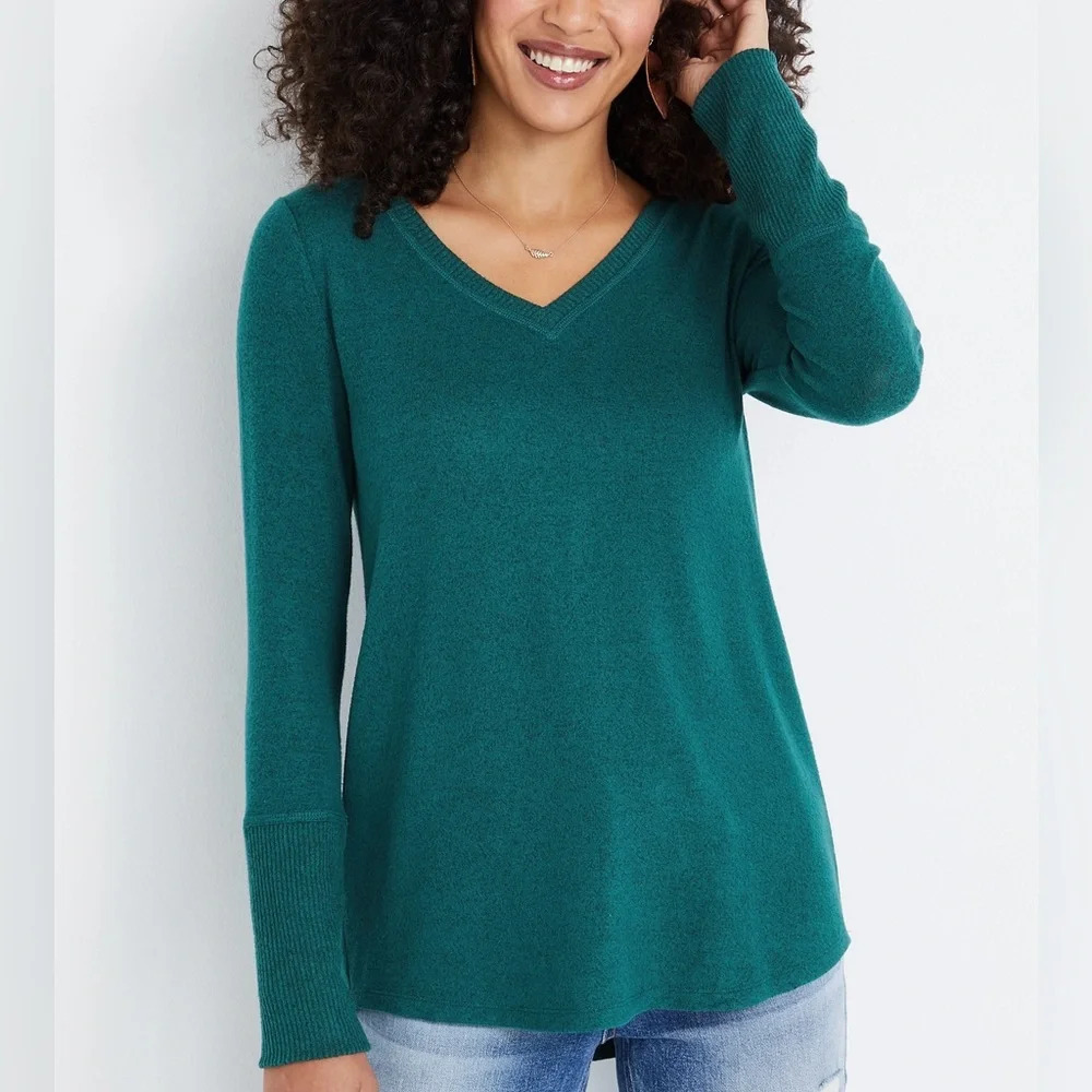 Maurices 24/7 Cozy Dark Teal V-neck Long Sleeve Top Medium Women’s